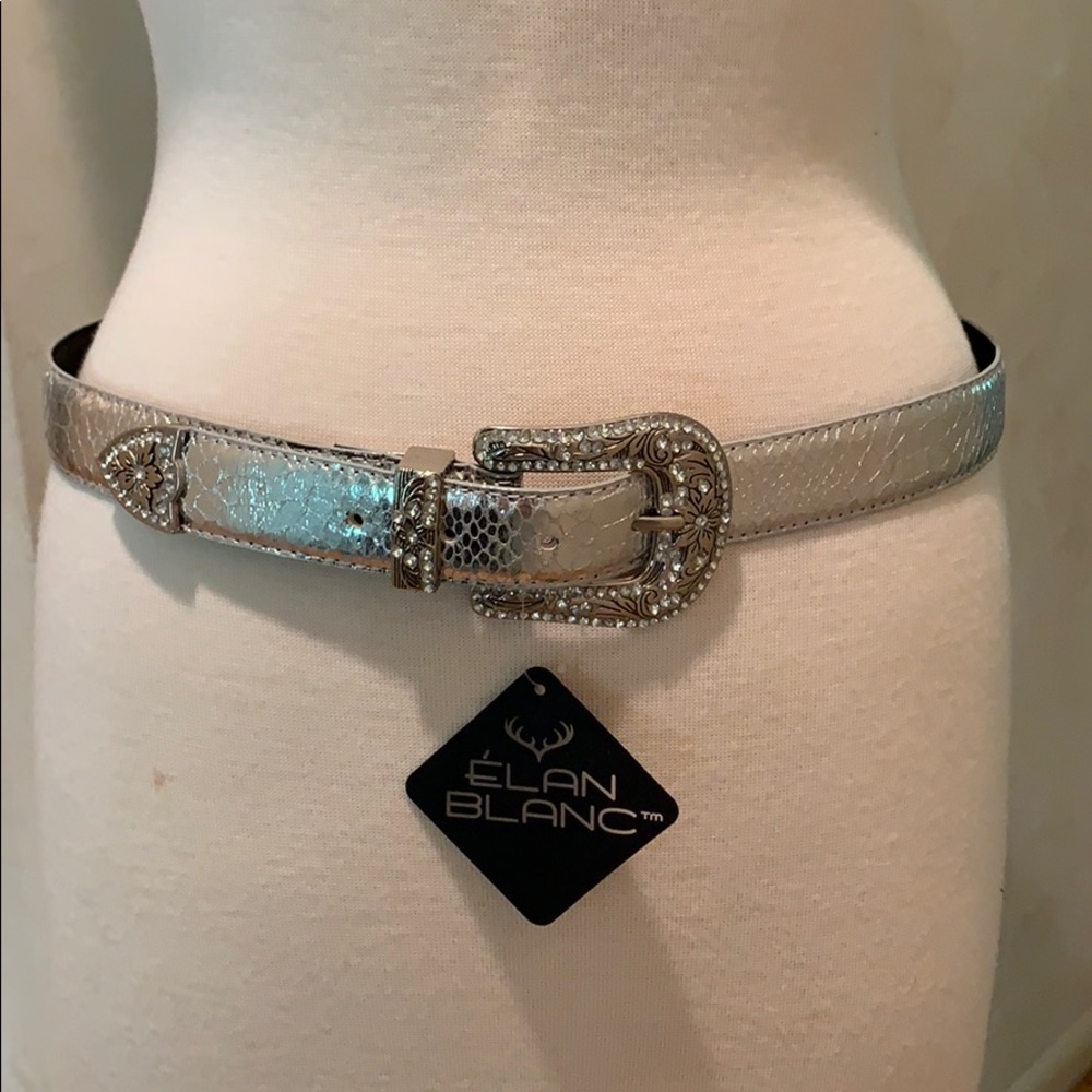 Silver Metallic Snake Print Belt With Crystals